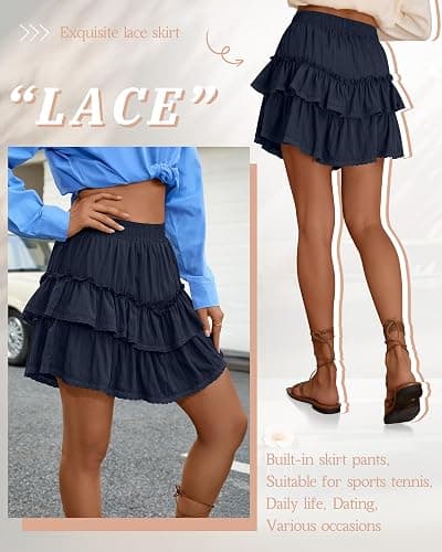 Ficerd Women's Ruffle Flowy Short Skirt Tiered Lace Cotton Mini Skorts High Waist Pleated Boho Cute Summer Shorts - Navy Blue - Small thumbnail 4