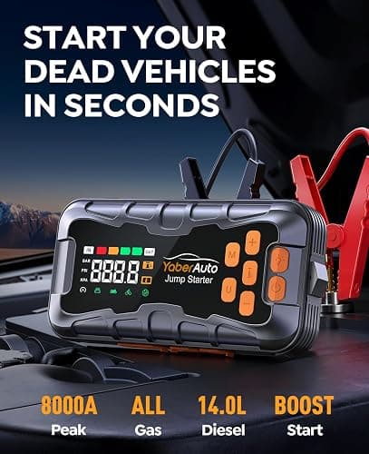YaberAuto 16-in-1 Jump Starter with Air Compressor 8000A 150PSI Car Battery Jump Starter (All Gas/14L Diesel) 12V Jump Box Car Battery Jumper Starter Portable Jumper Cables, Emergency Tool Kit, Gloves thumbnail 2