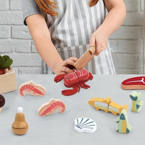 PairPear Wooden Toy Play Food Cutting Seafood Set for Kids Kitchen | Toddlers Wooden Toy Food Pretend Play Kitchen Accessories, Cutting Food Cooking Toys Gift for Boys Girls 3 4 5 + thumbnail 7