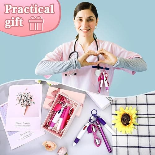 12 pcs Nurse Pen Set Two Colors Pink Purple Include Permanent Marker Pen Pen Lights for Nurses Retractable Ballpoint Pen Nursing Keychain Clip Foldable Scissors LED Flashlight Keychain for Nurses thumbnail 6