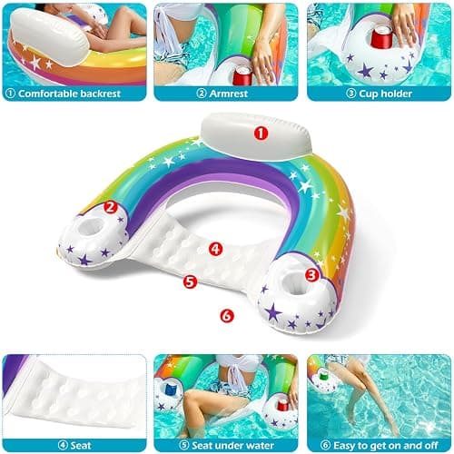 Jasonwell Inflatable Pool Float Chair - Pool Floaties Floating Pool Chair Lounge Floats for Swimming Pool Water Chair Pool Lounger with Cup Holder Pool Toy Party Floaty Adults (Rainbow-L) thumbnail 7
