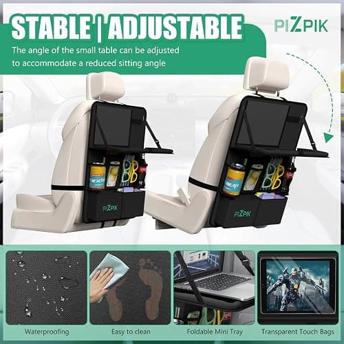 Plzpik Car Backseat Organizer with Tablet Holder,11 Storage Pockets with Foldable Food Tray, Protector Kick Mats for Kids, Travel Accessories Organizer (Black, 1Pack with Food Tray) thumbnail 5