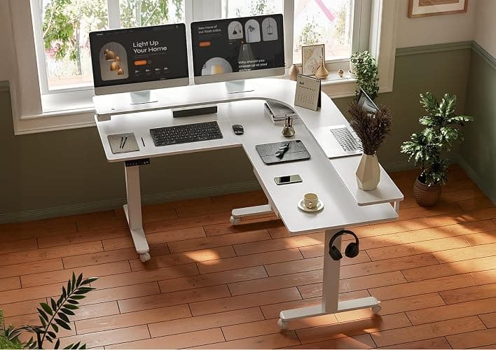 Claiks 63" L Shaped Standing Desk with Drawers and LED Lights, Height Adjustable Electric Corner Standing Desk with Monitor Stand & Power Outlet, 4 Memory Preset, White thumbnail 2