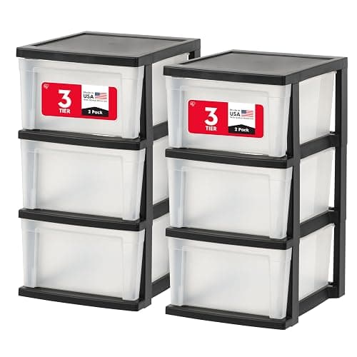 IRIS USA Plastic Drawer Storage Organizer, 3-Drawers, 2-Pack, for Classroom Art Craft Supplies, Bathroom Bedroom, Laundry Room, Black/Clear - Image 1