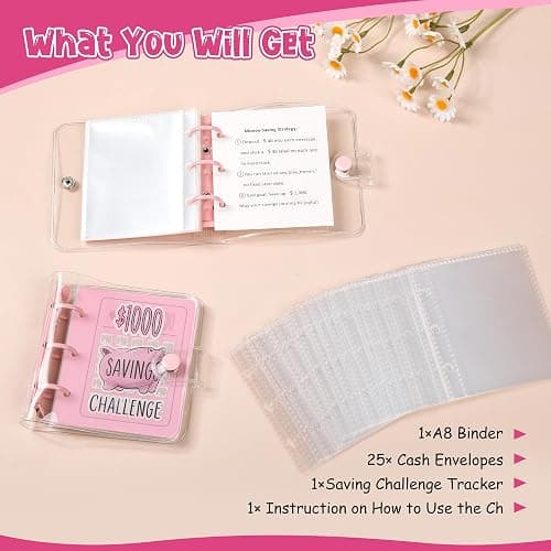 Mafegu Mini Money Saving Binder with 25 Envelopes, $1000 Savings Challenge Book, Portable for Budgeting Cash Planner,School Class Prize Gift (Pink, $1000) thumbnail 4