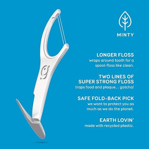GRIN Double Flosspyx, Floss Picks, 75 Count, Dental Flossers, Minty Flavor, Recycled Plastic, 2 Lines of Strong Floss, Longer Floss Head, Traps Food and Plaque, Includes Safe Soft Fold-Back Tooth Pick thumbnail 4