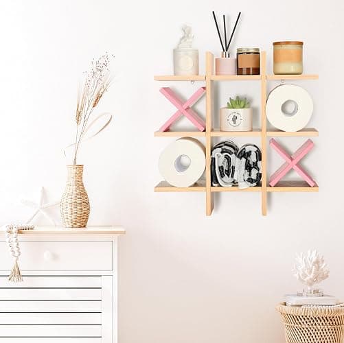 Weysat Tic Tac Toe Toilet Paper Holder Stand Bathroom Wall Decor Rustic Wooden Hanging Storage Freestanding Wall Mounted Shelves Decor for Toilet Tissue Farmhouse(Wood Color, Pink) thumbnail 6