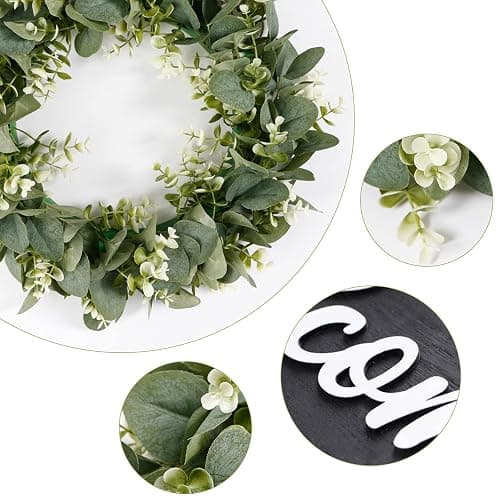 Dremisland 16 Inch Eucalyptus Leaves Wreath,Artificial Green Leaves Wreath with Welcome Sign Board for Front Door Window Farmhouse Garden Festival Celebration Home Decoration (Black) thumbnail 7