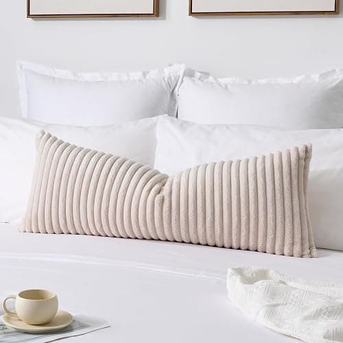 Kevin Textile Soft Plush 14x36 Inch Long Lumbar Pillow Cover 1 Pack, Luxury Fluffy Faux Fur Striped Flannel Rectangle Body Cushion Case for Couch Sofa Chair Bed Home Decor, Beige - Image 1