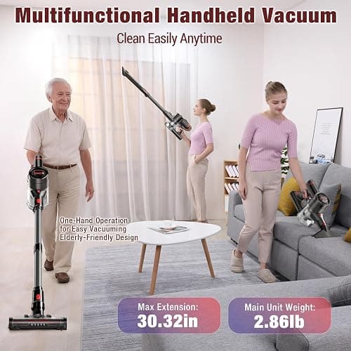 Zyxrona Cordless Vacuum Cleaner, 450W/40Kpa Stick Vacuum with Powerful Suction, 50Min Vacuum Cleaner for Home, Anti-tangle and 1L Dust Cup, 8 in 1 Lightweight Vacuum for Hardwood Floor Carpet Pet Hair thumbnail 9