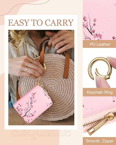 Bistup Credit Card Holder for Women Cute Small for Ladies Teen Girls Female Rfid Leather Cardholder Wallets with Keychain Accordion Organizer Purse Blossom Flowers Girly Aesthetic Print Unique Zipper thumbnail 5