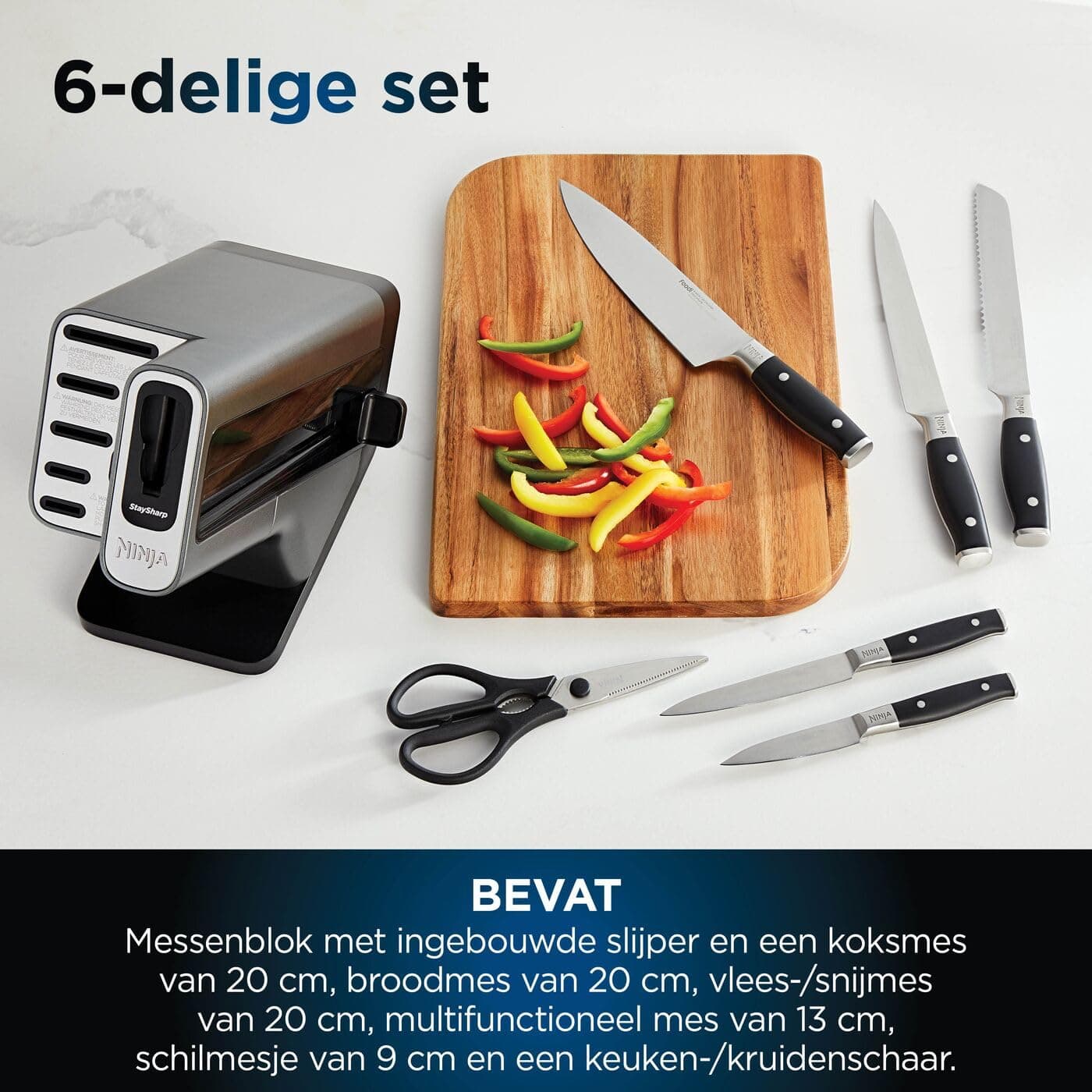 Ninja Foodi StaySharp K32006EU Knife Block, Knife Set, Integrated Sharpener, 5 Knives and Scissors (1 Pair), Kitchen Bread, Trancher, Universal Paring Knife & Scissors, 6-Piece Stainless Steel thumbnail 3
