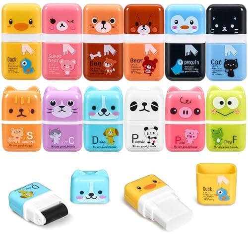 Sooez 12 Pack Pencil Erasers, Cute Erasers Pencil Eraser with Clean up Roller Pencil Eraser Shaving Roller Case Erasers for Party Favors Gift Supplies - Image 1