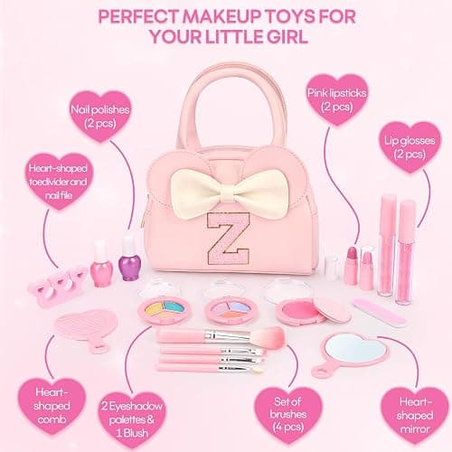 Kids Real Makeup Kit for Girls - 18Pcs Non-Toxic Washable Make Up Toys with Initial Toddler Purse - Personalized Birthday Gifts for Age 3 4 5 6 7 8 9 10 Years Old Girls Vanity Set - Z thumbnail 7