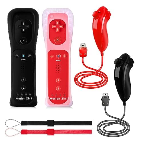 PaveRovi 2Pack Motion Plus Wii Controllers with Nunchucks,Wii Remote Controllers with Built in Motion Plus Compatible for Wii/Wii U Consoles(Red+Black) - Image 1