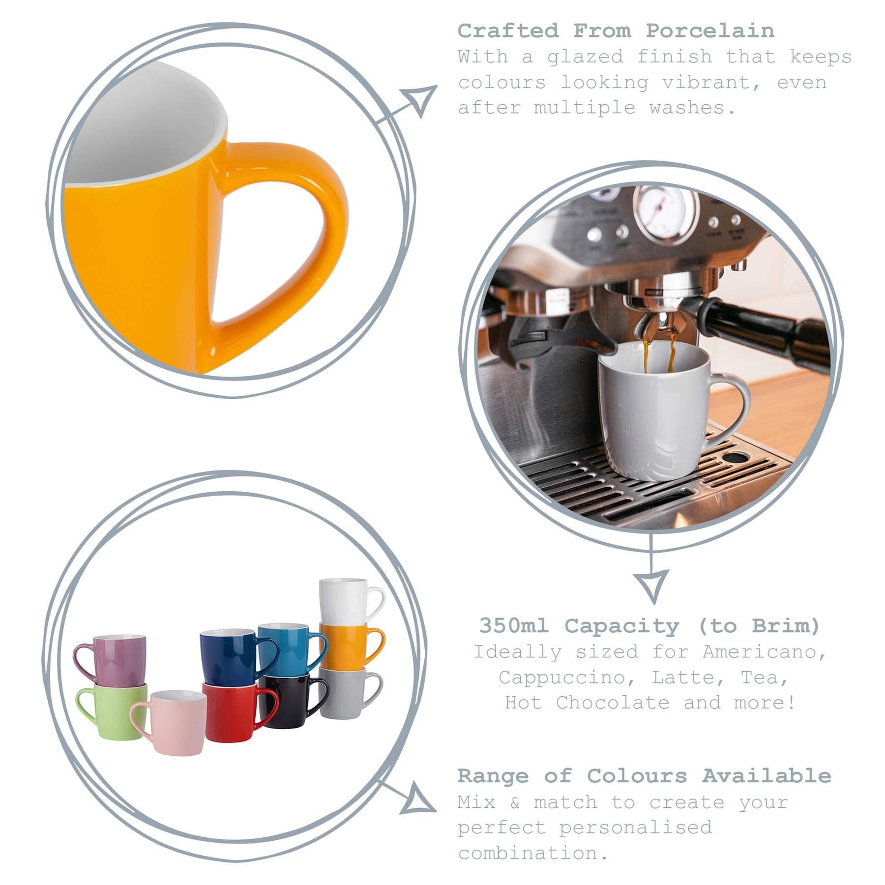 Argon Tableware 6X 350ml Coloured Coffee Mugs - Ceramic Stoneware Tea Latte Cappuccino Cups Set with Handle (Grey) - Grey thumbnail 6