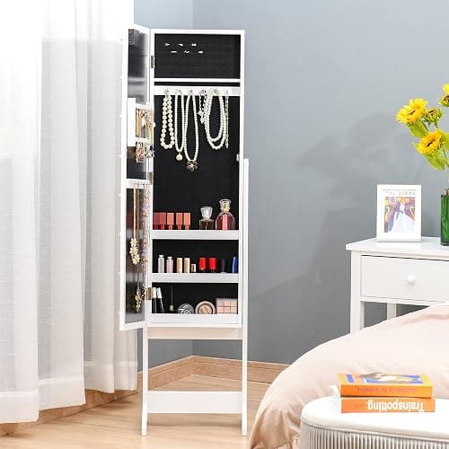 HOMCOM Mirror Jewelry Cabinet Armoire with LED Lights Warm White | Free Standing Jewelry Organizer, Full Length Mirror, Storage, Adjustable Angles thumbnail 8
