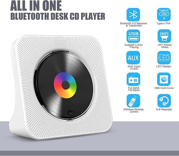 Gueray CD Player Portable Bluetooth Desktop CD Player for Home with Timer Built-in HiFi Speakers with LCD Screen Display Boombox FM Radio USB Type-c thumbnail 2