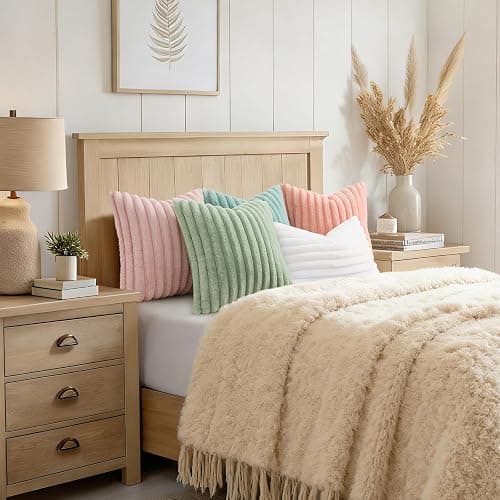 decorUhome Pink Throw Pillow Covers 16x16 Inch Set of 2, Faux Fur Velvet Decorative Pillow Covers, Fuzzy Striped Cushion Covers Pillow Cases for Sofa Couch, Living Room Home Decor thumbnail 8