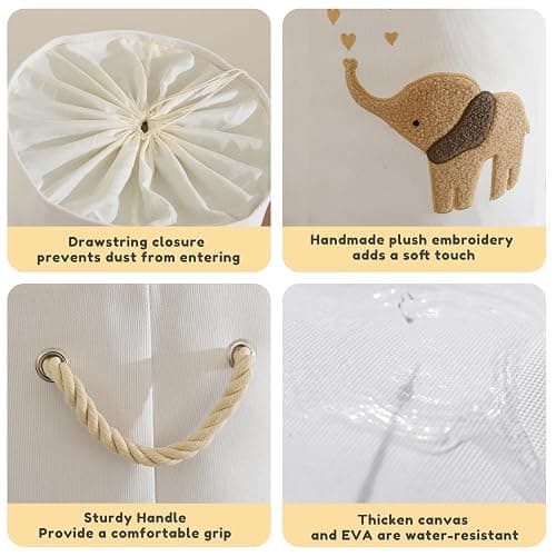 INough Baby Laundry Basket Laundry Hamper, Canvas 58L XL Baby Clothes Basket, Collapsible Brown Laundry Basket for Nursery Toy Baskets with Drawstring Closure, KidsRoom Decor for Boys thumbnail 5