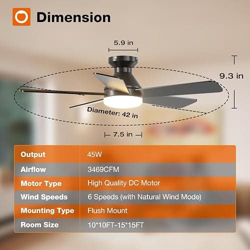addlon Ceiling Fans with Lights, 42 Inch Low Profile Ceiling Fan with Light and Remote Control, Flush Mount, Reversible, 3CCT, Dimmable, Quiet, Black Small Ceiling Fan for Bedroom Indoor/Outdoor Use thumbnail 2