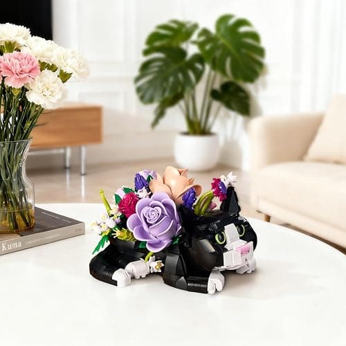 Tuxedo Cat Rose Bouquet Succulent Planter Building Blocks,Compatible with Lego Tuxedo Cat Flowers Pot,Creative Plants and Animals Decoration Rose Blocks Toys,Gifts for 18+ Girls,Mothers Day(824pcs) thumbnail 7