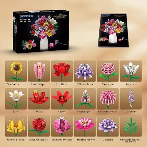 PLAXSOON Flower Bouquet Building Set, 1464 PCS Botanical Collection Building Block Toy, 18 Flowers Rose Sunflower Home Plant Decor, Birthday Gifts for Adults Women Boys Girls 8-12+ thumbnail 7