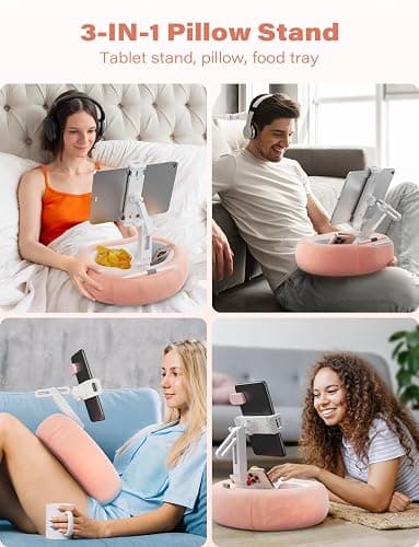 TAZENI Kindle Tablet Pillow Stand Accessories for Bed Reading, with 2 Trays | Soft plush cushion, lap desk mode, fits 4–13 inch tablets, for Christmas/Festival, Back to School, Birthday for girls Pink thumbnail 2