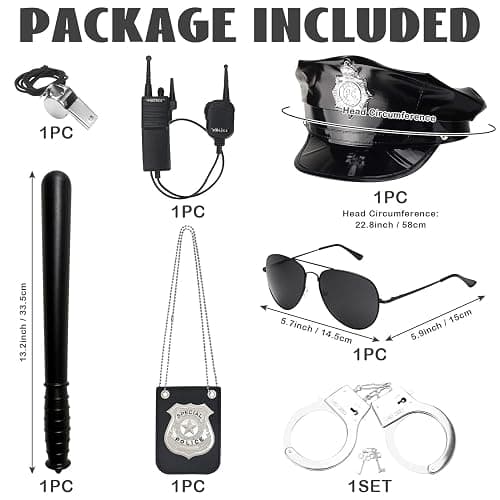 Alaiyaky Police Accessories Set,7 Pcs Police Costume Accessories Officer Hat with Sunglasses Handcuffs Badge Walkie Talkie Whistle Baton, Halloween Costumes Adults Outfits Kit for Men Women thumbnail 5
