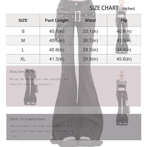 MEOKIM Women's Micro Flared Jeans Punk Y2k Gothic Style Waistband with Frayed Edge Design, Slimming Straight Leg Pants thumbnail 5