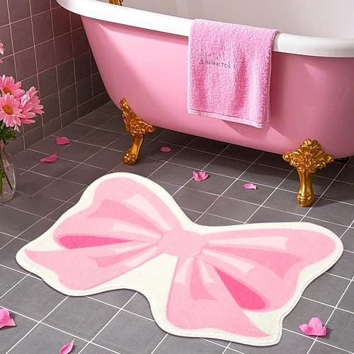 FEBSNOW Pink Bow Bathmat Rugs, Non Slip Coquette Bow Cute Aesthetic Carpet, Cute Room Decor Coquette Rug for Bathroom Bathtub Shower Bedroom and Living Room（27.6 x 21.3 inch） - Image 1