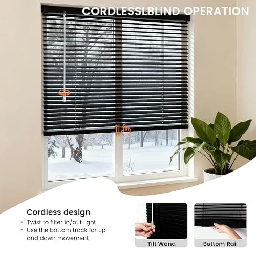 100% Privacy 1" Vinyl Cordless Mini Blinds for Indoor Windows 20.5" WX36 H. | L-Shaped Blades Horizontal Room Darkening & Light Filtering Blind for Home Black. thumbnail 5