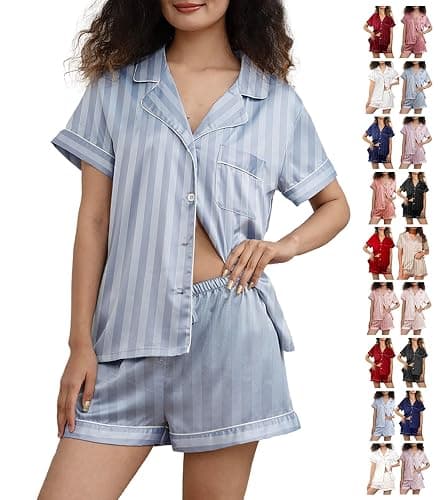 WJing Yi Jia Womens Silk Satin Pajamas Loungewear Two-Piece Sleepwear Button-Down Floral Pj Set XS-4XL - Image 1