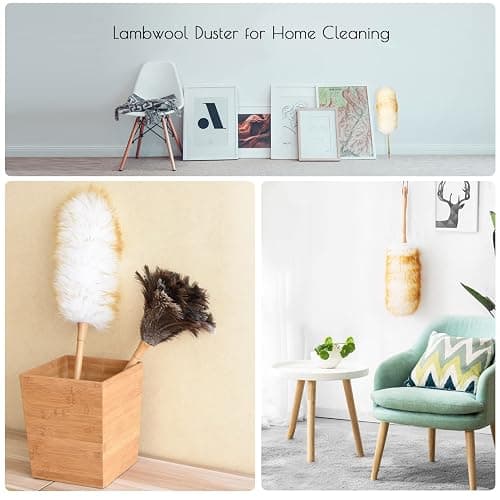 iHUFeather Lambswool Duster 14'' Length Solid Wooden Handle Leather Hang Strap for Cleaning Ceiling Fans Window Blinds Computer Furniture Figurines TV Natural Feather Duster,Pink thumbnail 5