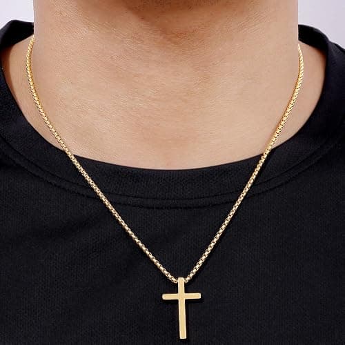 Fiusem Cross Necklace for Men, Silver/Gold/Black Mens Cross Necklaces with 2.5mm Cross Chain and Stainless Steel Cross Pendant, Box Chain 16-24 Inch thumbnail 2