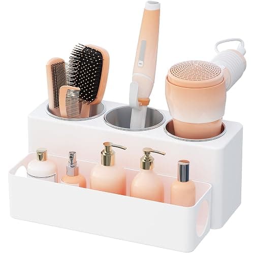 Lifewit Hair Tool Organizer, Removable Hair Dryer Holder Countertop, Acrylic Hot Tools Organizer with 3 Stainless Cups for Curling Iron, Straightener, Hairbrush, Makeup Accessories in Bathroom, White - Image 1