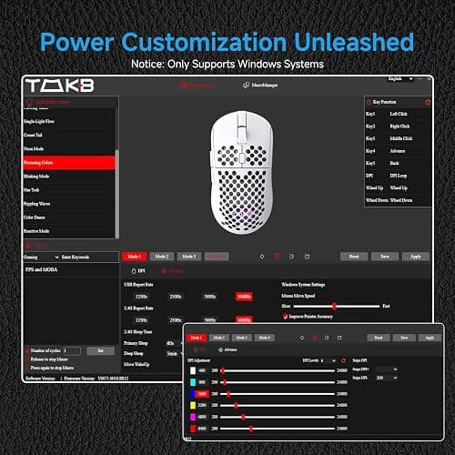 TMKB Falcon M1 Wireless Gaming Mouse, 24000DPI Optical Sensor, 180Hrs Battery, Lightweight, 6 Programmable Buttons, RGB Strip, 2.4G/BT5.2/USB-C Wired for PC/Mac/Laptop - Matte White thumbnail 9