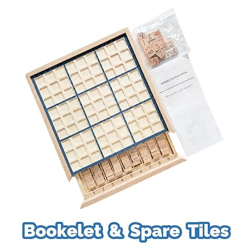 BOHS Wooden Sudoku Board Game for Adults and Kids, 100-Puzzle Book | Built-in storage drawer; double-sided trial tiles; pencil-free play; spare pieces; smooth, splinter-free finish thumbnail 4