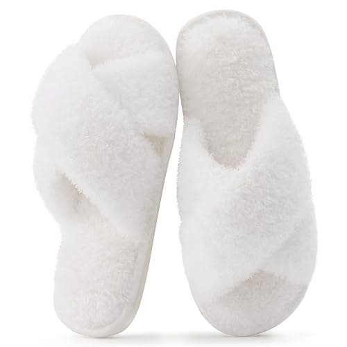 Evshine Women's Fuzzy Slippers Cross Band Memory Foam House Slippers Open Toe - Image 1