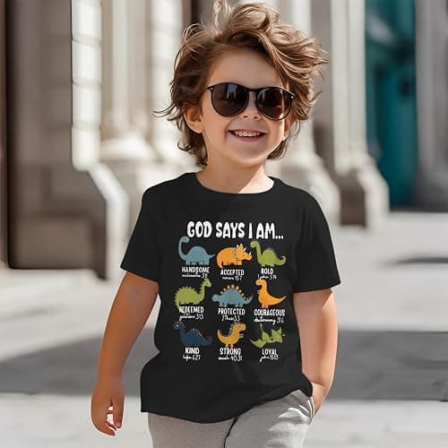 GLIGLITTR Toddler Boy Dinosaur Shirt God Says I Am Bible Verse Dino Religious Tshirt Christian Outfits Baby Short Sleeve Tees thumbnail 4