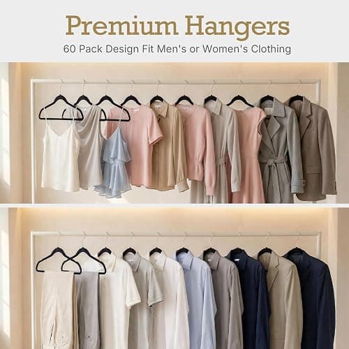 HOUSE DAY Black Velvet Hangers 60 Pack, Non Slip Clothes Felt Hanger Heavy Duty for Coat, Premium Slim Space Saving Suit Hangers for Closet Organizer, 360° Rotating Silver Hook thumbnail 7