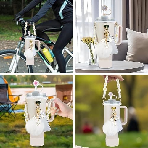 Velaco 11 PCS Stanley Cup Accessories - Water Bottle Handle Strap for 30/40 oz Tumbler with Handle, Including Straw Toppers, Silicone Cup Boot, Keychain Charms - White - 11 PCS White thumbnail 5