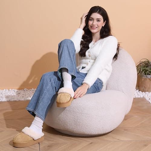 OOW Fuzzy Platform Slippers for Women - Women's Casual Winter House Slippers - Brown, Faux Fur & Shearling Blend - Women's Size thumbnail 3