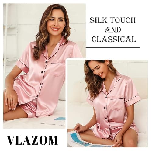 Vlazom Damen Satin Schlafanzug Kurzarm Satin Pyjama Set mit Knopfleiste Zweiteiliger Hausanzug thumbnail 5