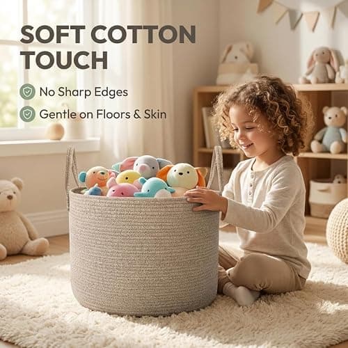 JMvicyroam 65L Extra Large Machine Washable Cotton Rope Blanket Basket | Collapsible Laundry Hamper, Reinforced Handles, For Blankets, Pillows, Toys and Clothes, Living Room and Bedroom, Oatmeal thumbnail 4