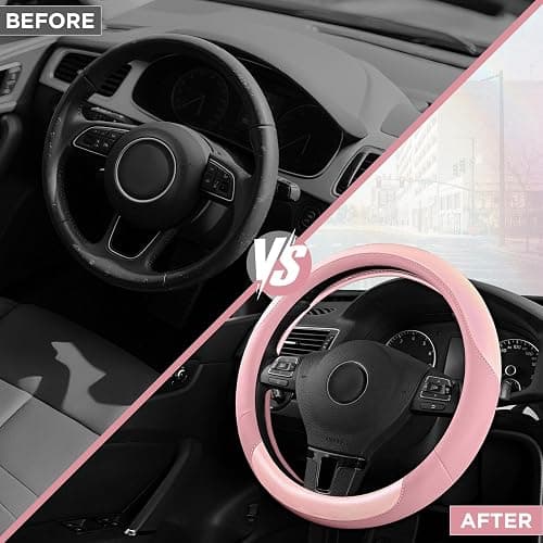 Road Comforts Steering Wheel Cover – Breathable Leather Steering Wheel Cover, Anti-Slip Grip, Universal Fit 14.5” to 15”, Heat & Cold Resistant for Cars, SUVs, and Trucks – Shining Pink & Pink thumbnail 3