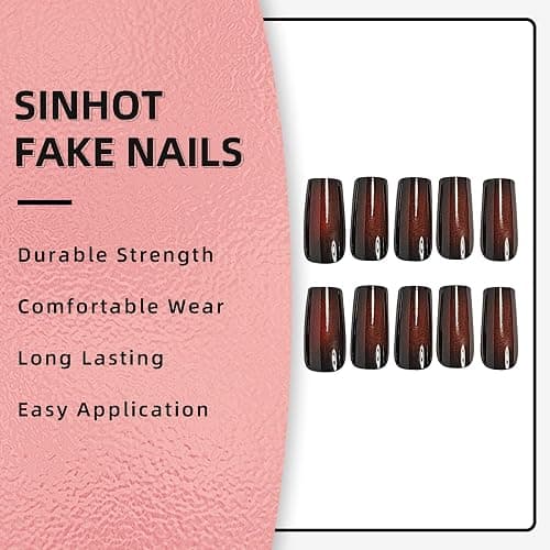 SINHOT Square Press on Nails Long - Goth Black & Red Ombre Gothic Style Squoval Nail Art, DIY Fake Nails with Glossy Glue on Nails, 24Pcs thumbnail 6