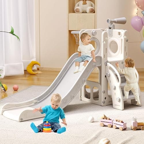 6 in 1 Toddler Playset with Slide,Toddler Slide,Slide for Kids with Basketball Hoop,Ball,Ring Toss,Kids Slide Toddler Playground Toddler Slide Indoor Outdoor Toys thumbnail 7