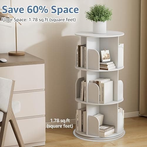 DUMOS 3 Tier Rotating Bookshelf Tower, Spinning Bookshelf for Small Space | 360° Display Revolving Bookcase Lazy Susan, Freestanding Vertical Corner Book shelf for Bedroom, Living Room, Entryway, White thumbnail 4