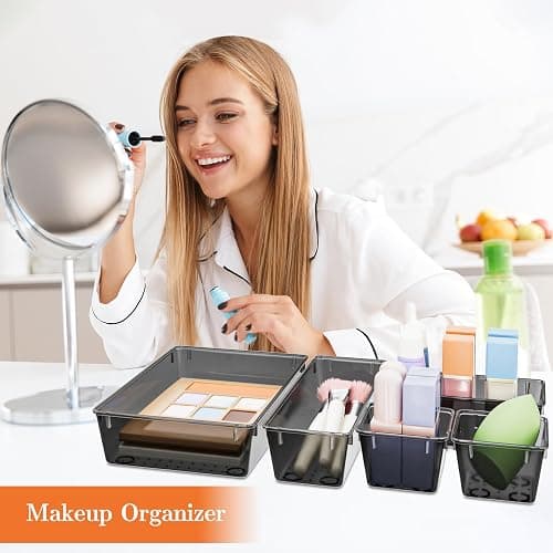 SpaceHacks 25 PCS Plastic Drawer Organizer Set, 4-Size Versatile Organizer Trays & storage Bins for Makeup, Jewelry, and Gadgets in Bathroom, Bedroom and Office,Clear Black thumbnail 2